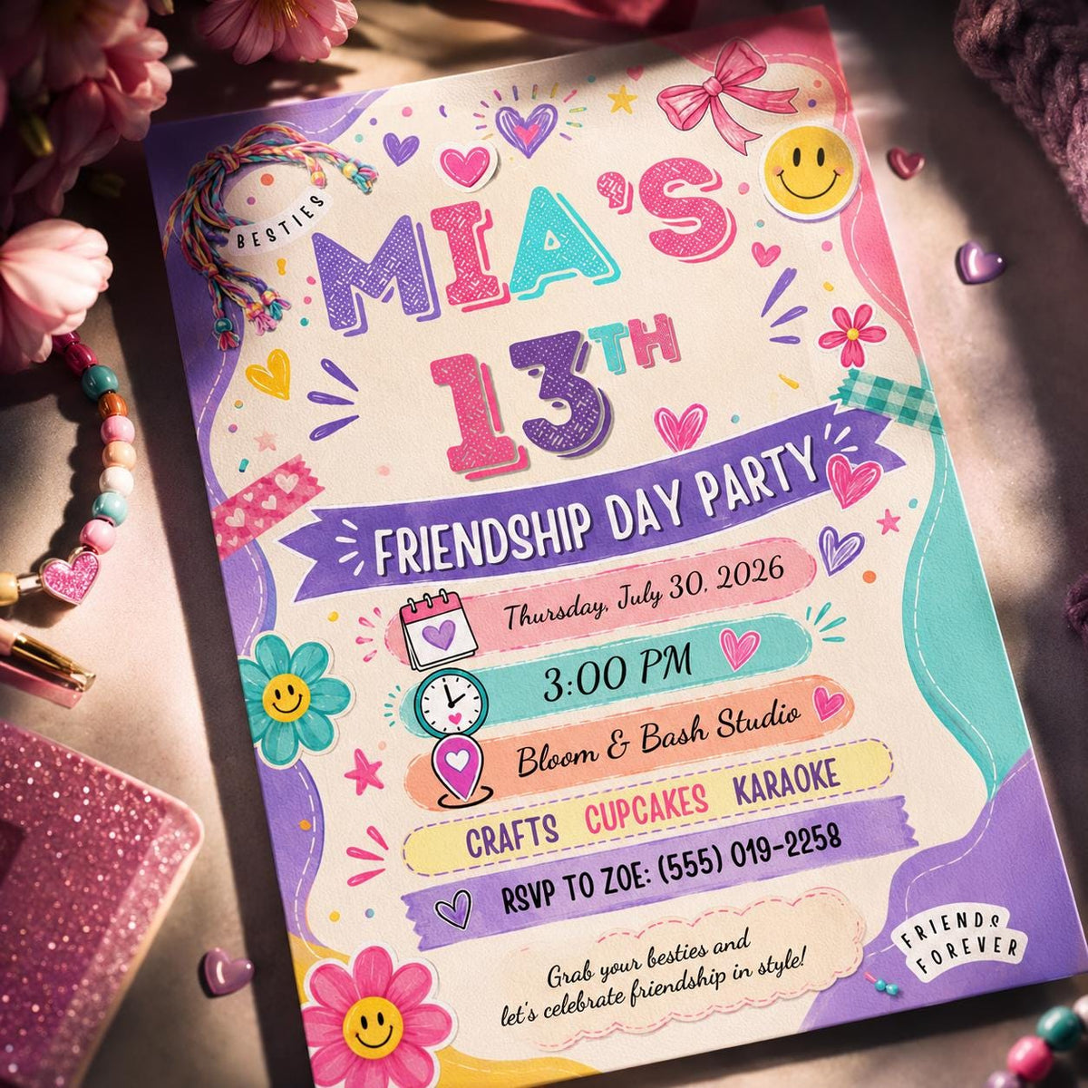 Pastel Friendship Day Party Invitation for Girls — print-ready 13th birthday party design from VoltBy