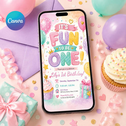 Pastel Fun to Be One First Birthday Invitation — print-ready first birthday design from VoltBy
