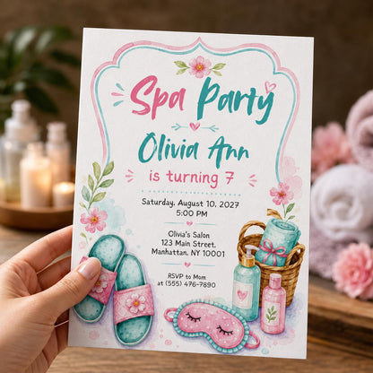 Pastel Girls Spa Party Invitation — print-ready birthday party design from VoltBy