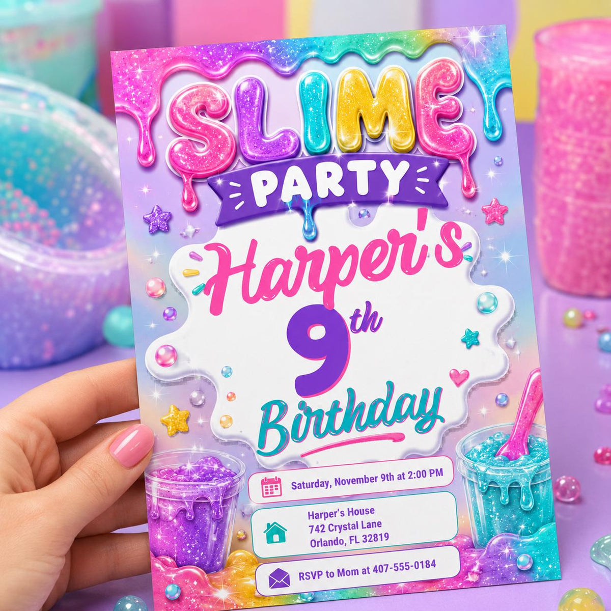 Pastel Glitter Slime 9th Birthday Invitation in pink and purple