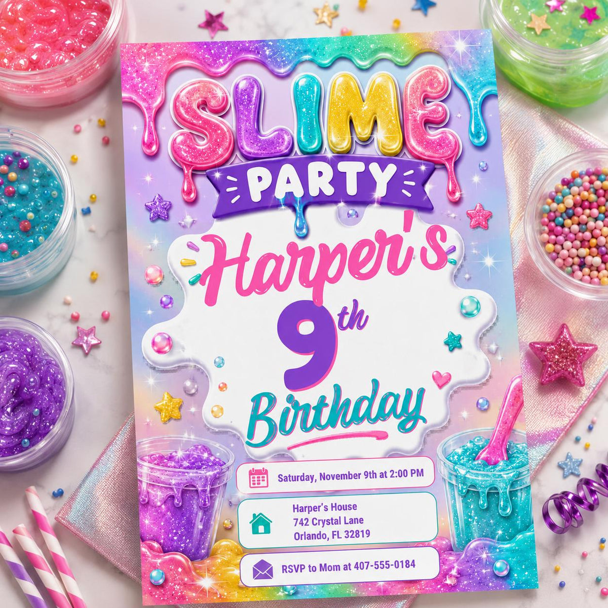 Pastel Glitter Slime 9th Birthday Invitation — invitation you personalize in Canva