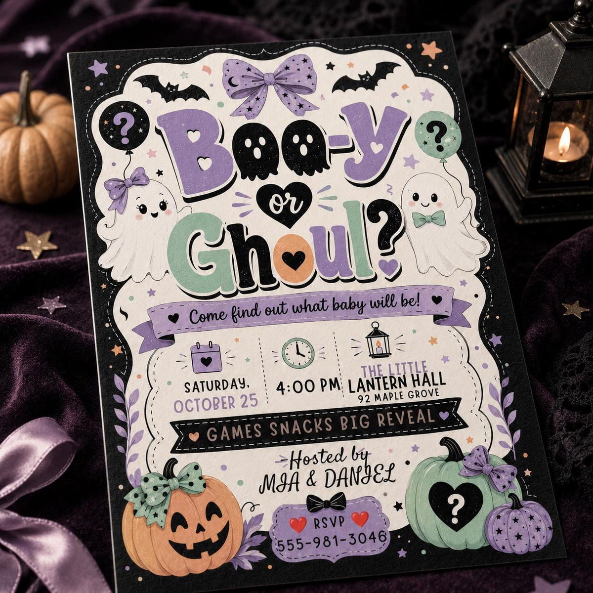 Pastel Halloween Gender Reveal Invitation — ghost and pumpkin design
