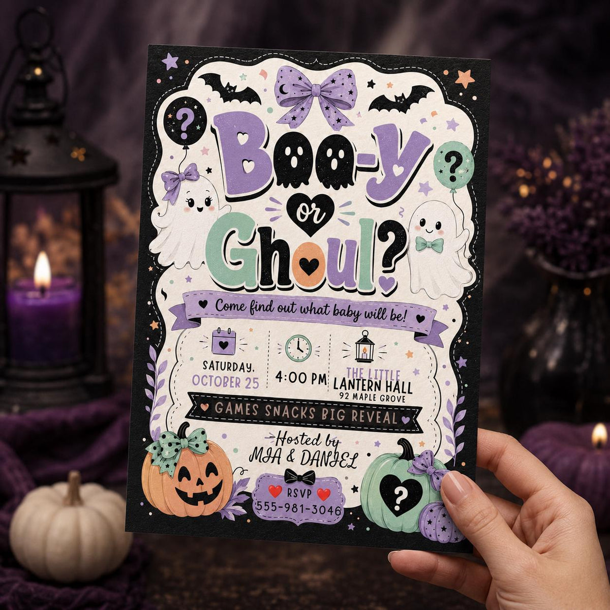 Pastel Halloween Gender Reveal Invitation — print-ready gender reveal design from VoltBy