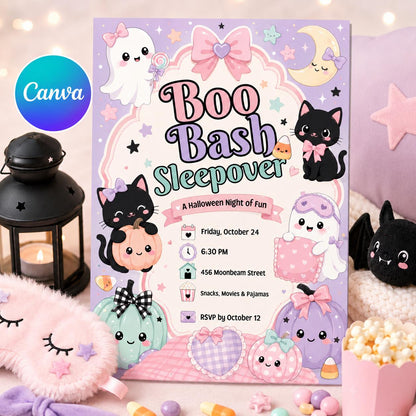 Pastel Halloween Sleepover Invitation for Girls — editable Canva template