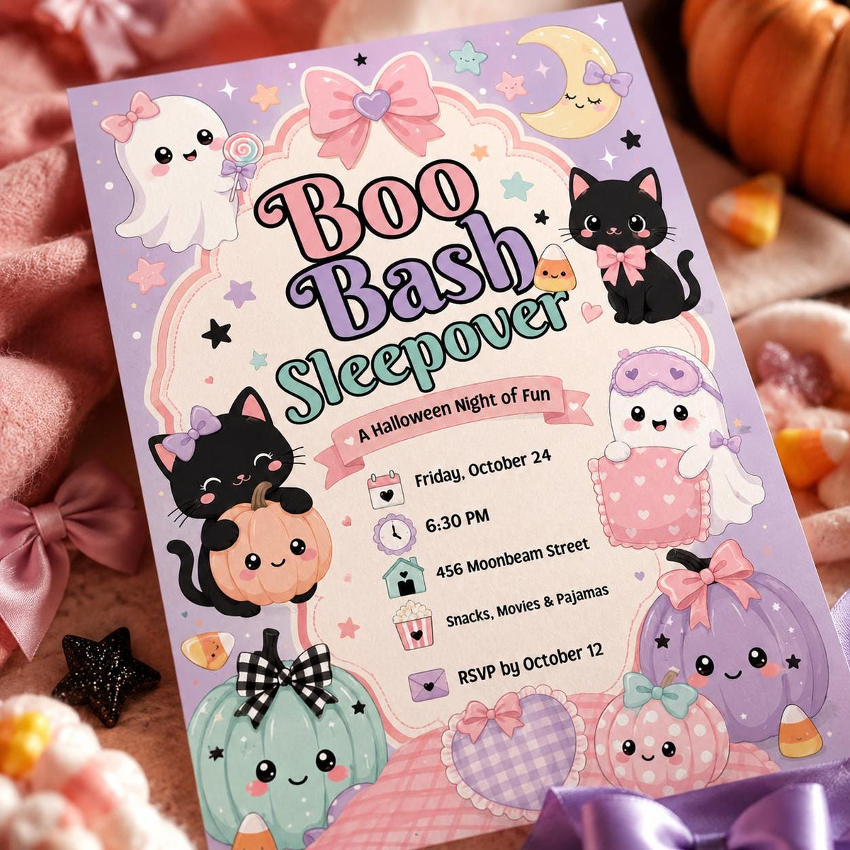 Pastel Halloween Sleepover Invitation for Girls — invitation you personalize in Canva