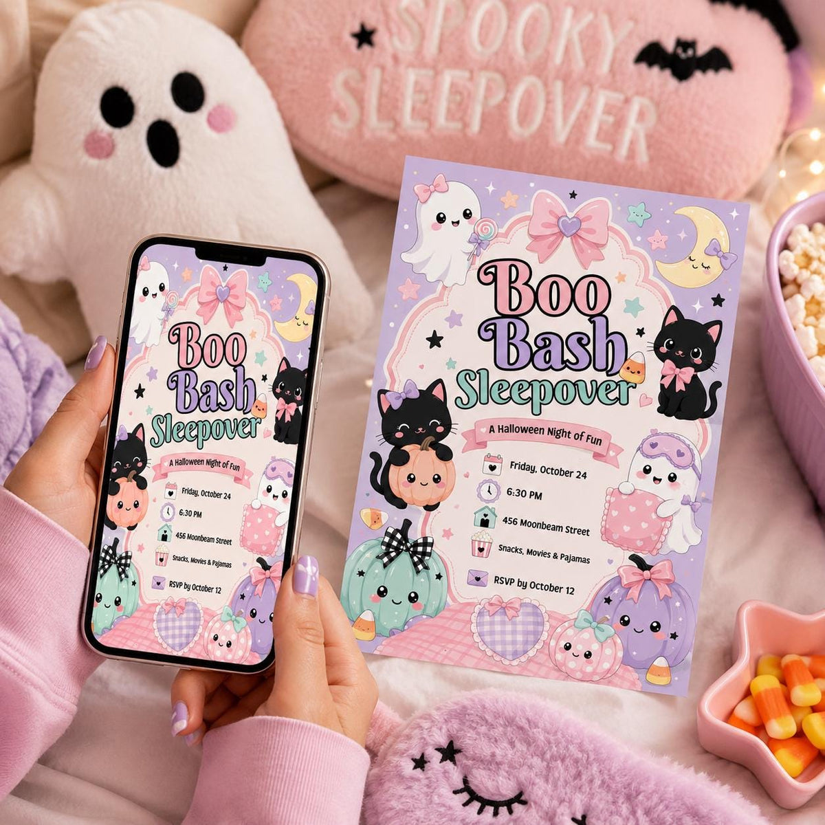 Pastel Halloween Sleepover Invitation for Girls — print-ready Halloween party design from VoltBy