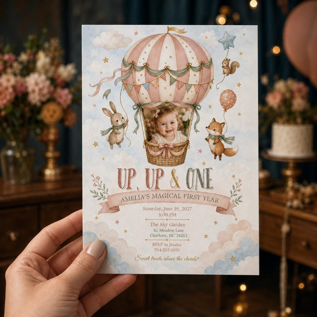 Pastel Hot Air Balloon First Birthday Invitation for Girls — print-ready first birthday design from VoltBy