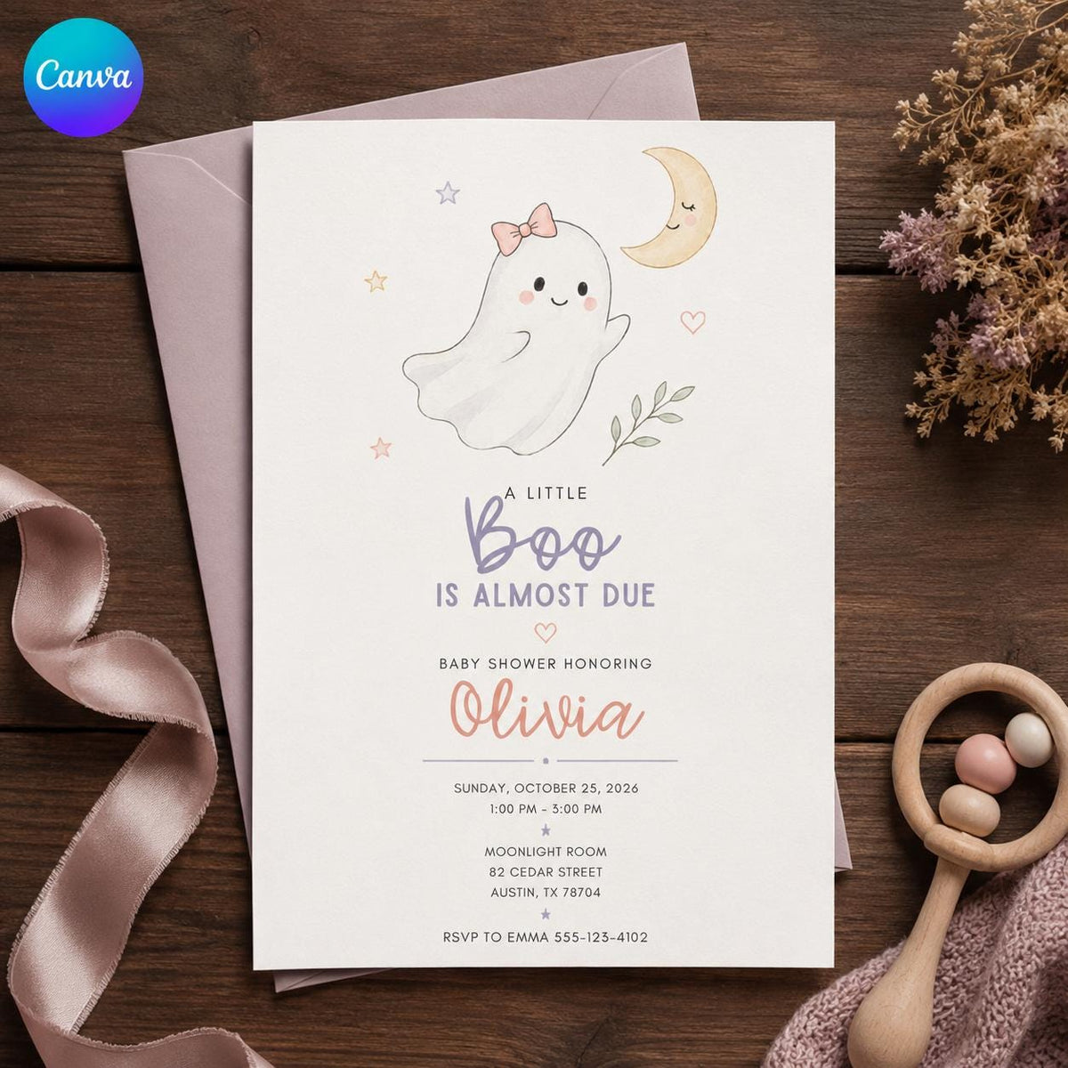 Pastel Little Boo Baby Shower Invitation for Girls — editable Canva template