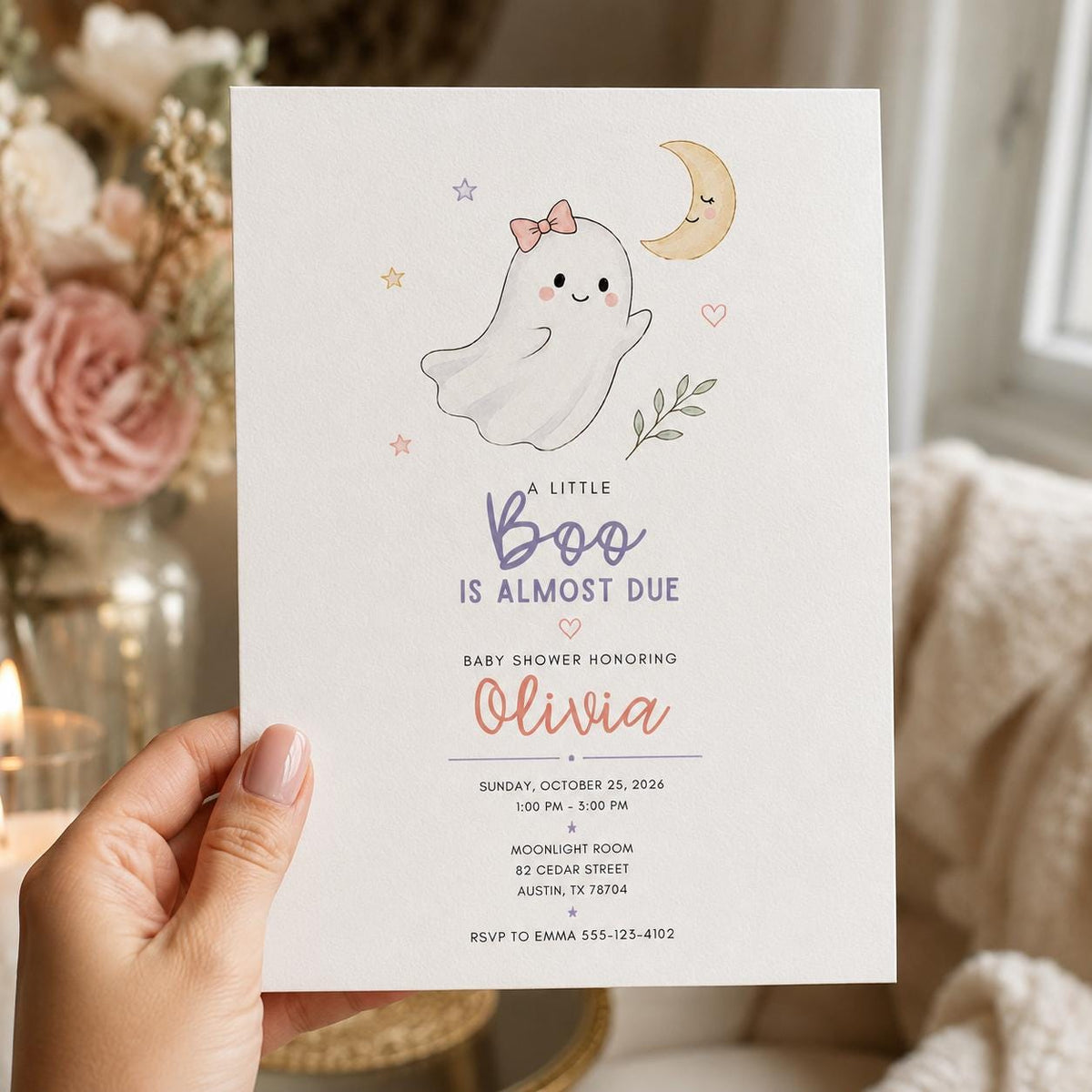 Pastel Little Boo Baby Shower Invitation for Girls — invitation you personalize in Canva