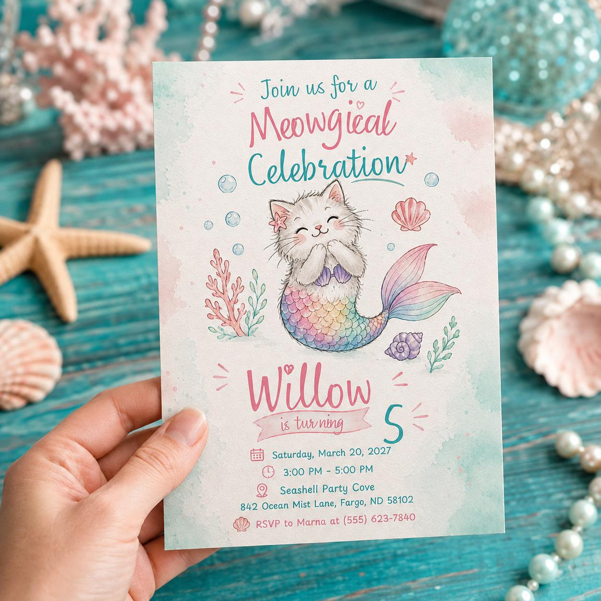 Pastel Mermaid Cat 5th Birthday Invitation: Meow magical Under the Sea Party — invitation you personalize in Canva
