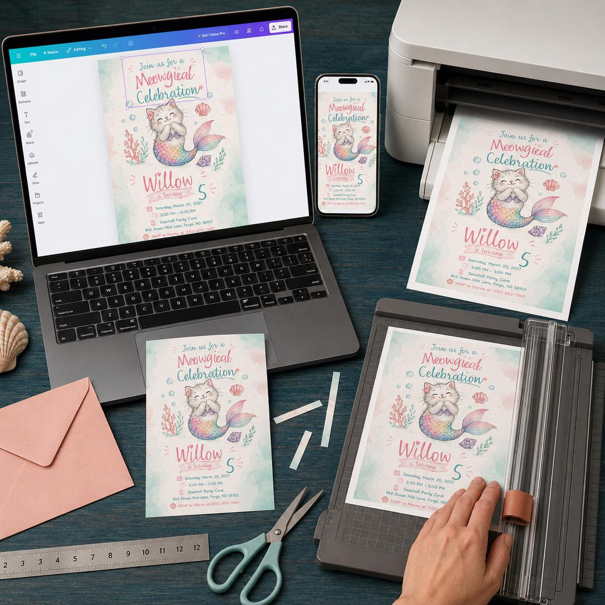 Pastel Mermaid Cat 5th Birthday Invitation: Meow magical Under the Sea Party — print-ready 5th birthday party design
