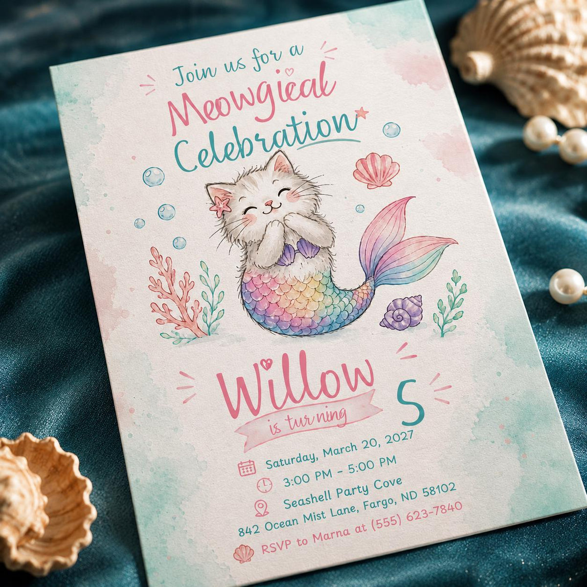 Pastel Mermaid Cat 5th Birthday Invitation: Meow magical Under the Sea Party — digital invitation, instant download