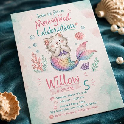 Pastel Mermaid Cat 5th Birthday Invitation: Meow magical Under the Sea Party — digital invitation, instant download