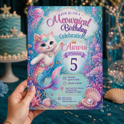 Pastel Mermaid Cat 5th Birthday Invitation: Under the Sea Kitty Party — print-ready 5th birthday party design from VoltBy