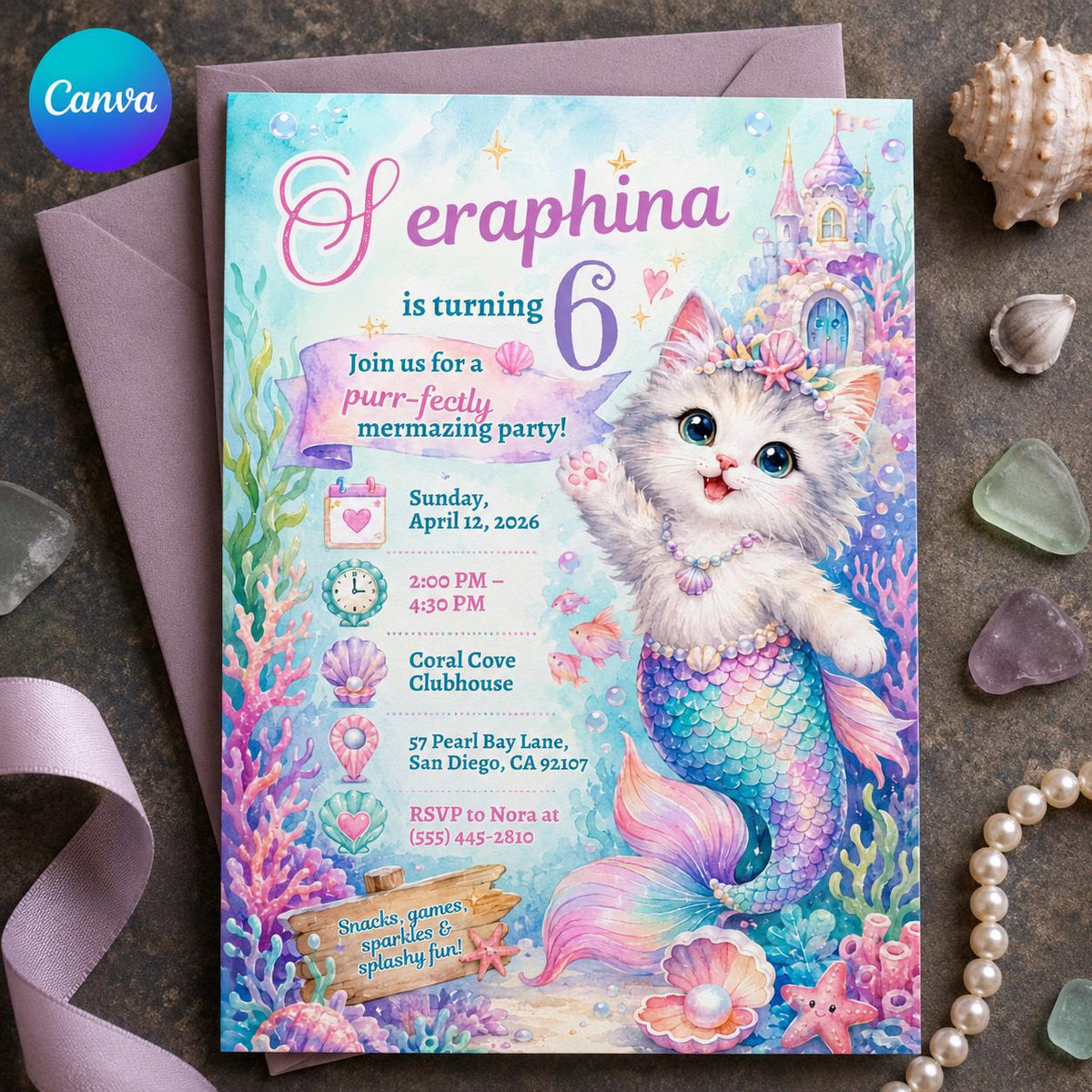 Pastel Mermaid Cat 6th Birthday Invitation for Girls — editable Canva template