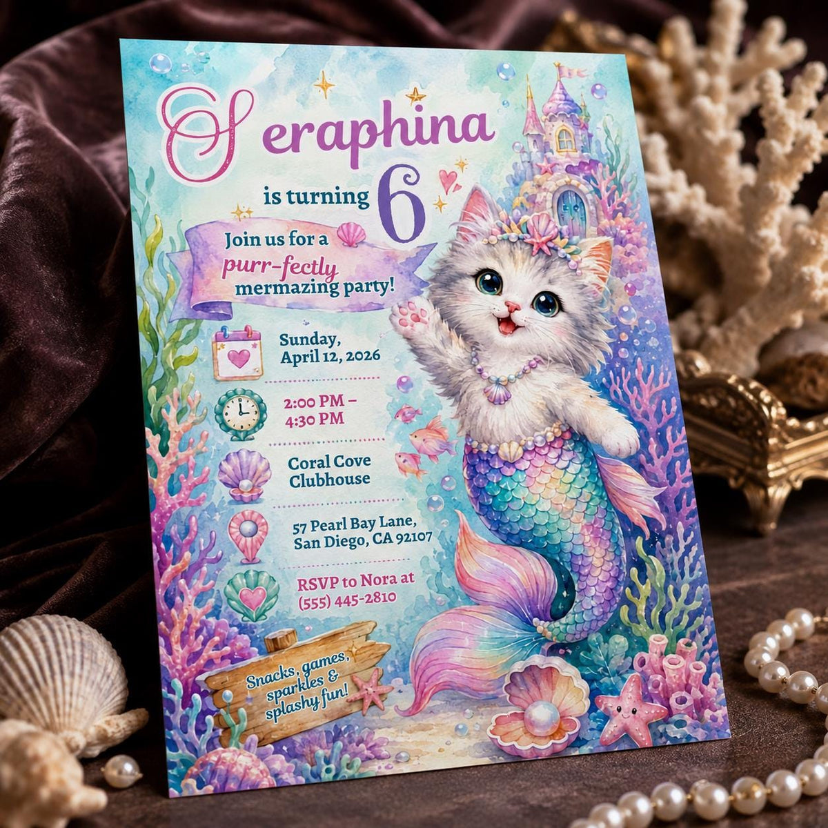 Pastel Mermaid Cat 6th Birthday Invitation for Girls — invitation you personalize in Canva
