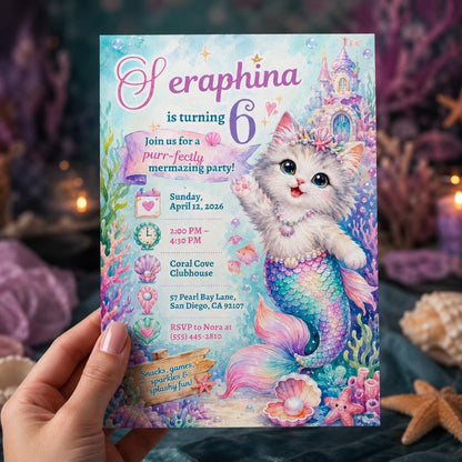 Pastel Mermaid Cat 6th Birthday Invitation for Girls — digital invitation, instant download