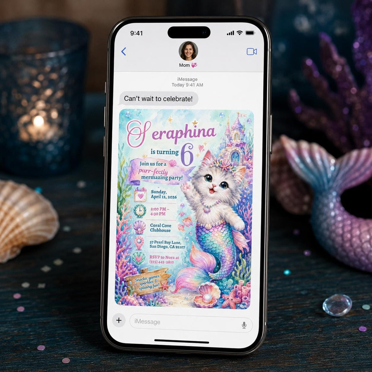 Pastel Mermaid Cat 6th Birthday Invitation for Girls — 6th birthday party stationery by VoltBy