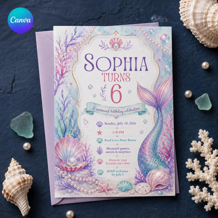 Pastel Mermaid Tail 6th Birthday Invitation with Pearls