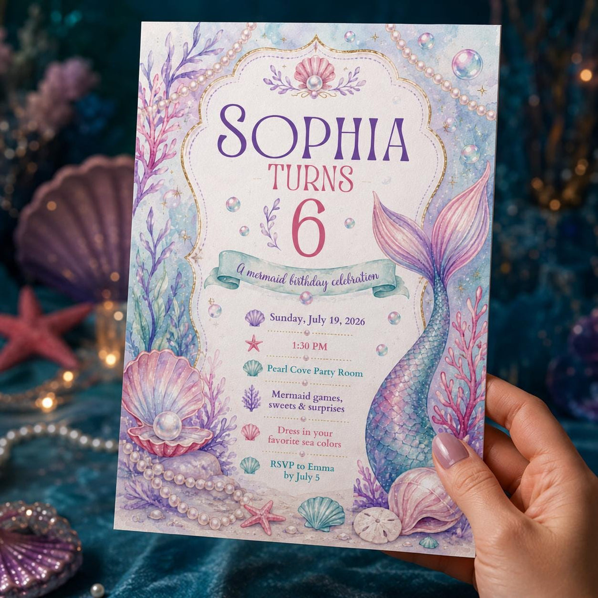 Pastel Mermaid Tail 6th Birthday Invitation with Pearls — pearl design