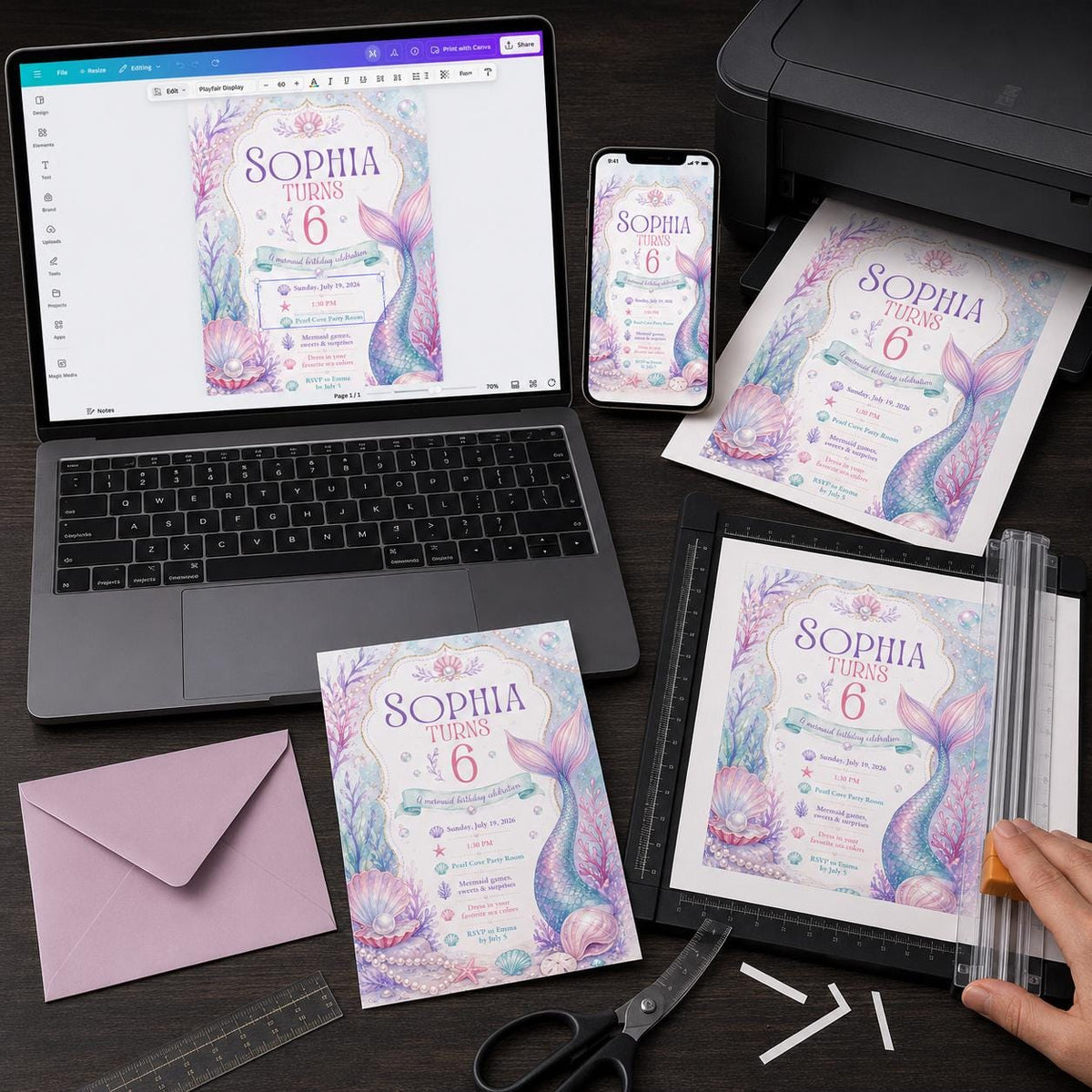 Pastel Mermaid Tail 6th Birthday Invitation with Pearls — invitation you personalize in Canva
