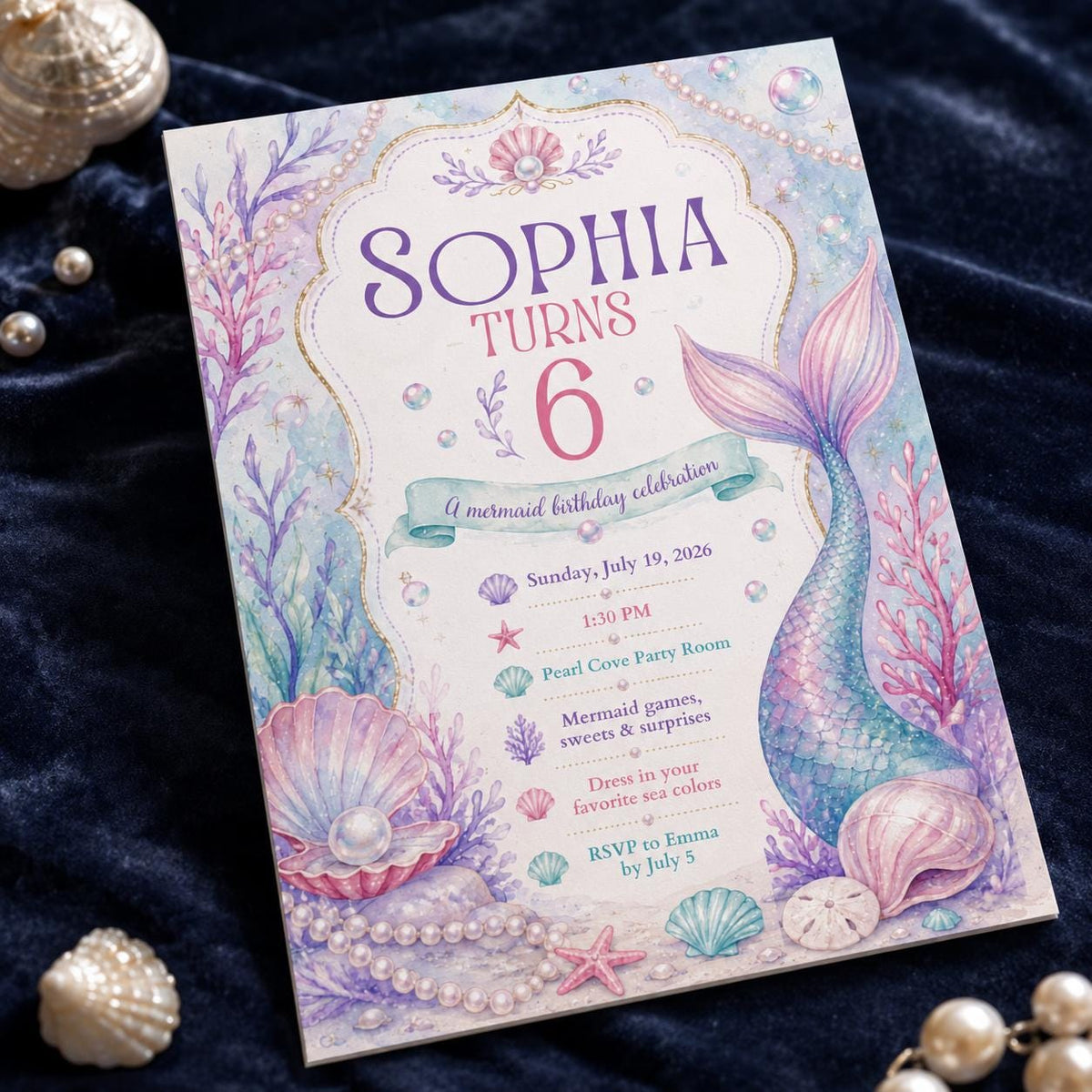 Pastel Mermaid Tail 6th Birthday Invitation with Pearls — pearl artwork in lavender and pink