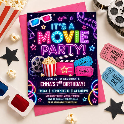 Pastel Movie Night 9th Birthday Invitation in blue and pink