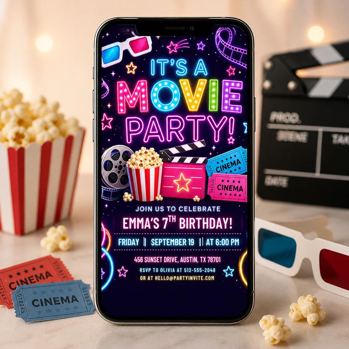 Pastel Movie Night 9th Birthday Invitation — print-ready 9th birthday party design from VoltBy
