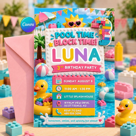 Pastel Pool Time Block Party 3rd Birthday Invitation