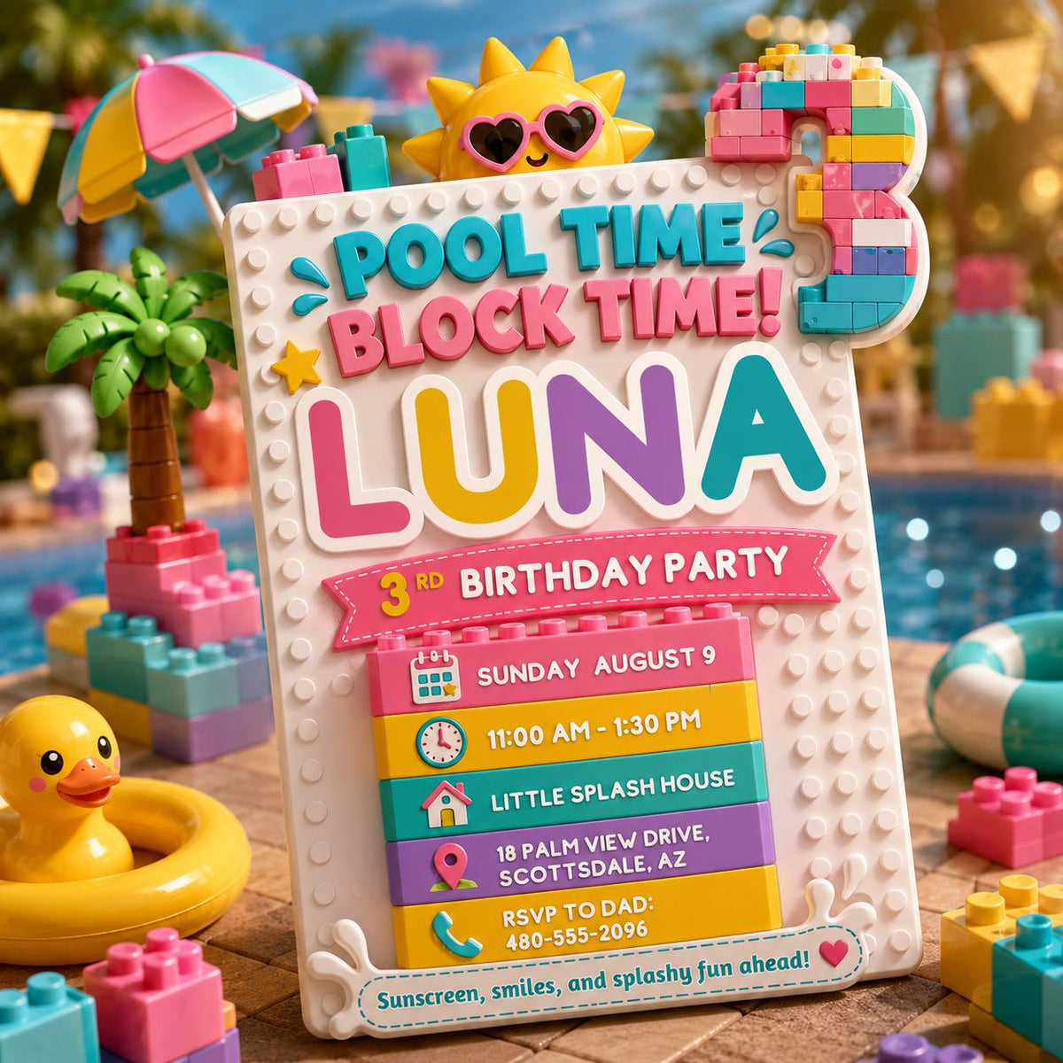 Pastel Pool Time Block Party 3rd Birthday Invitation — building blocks and pool design for a 3rd birthday party