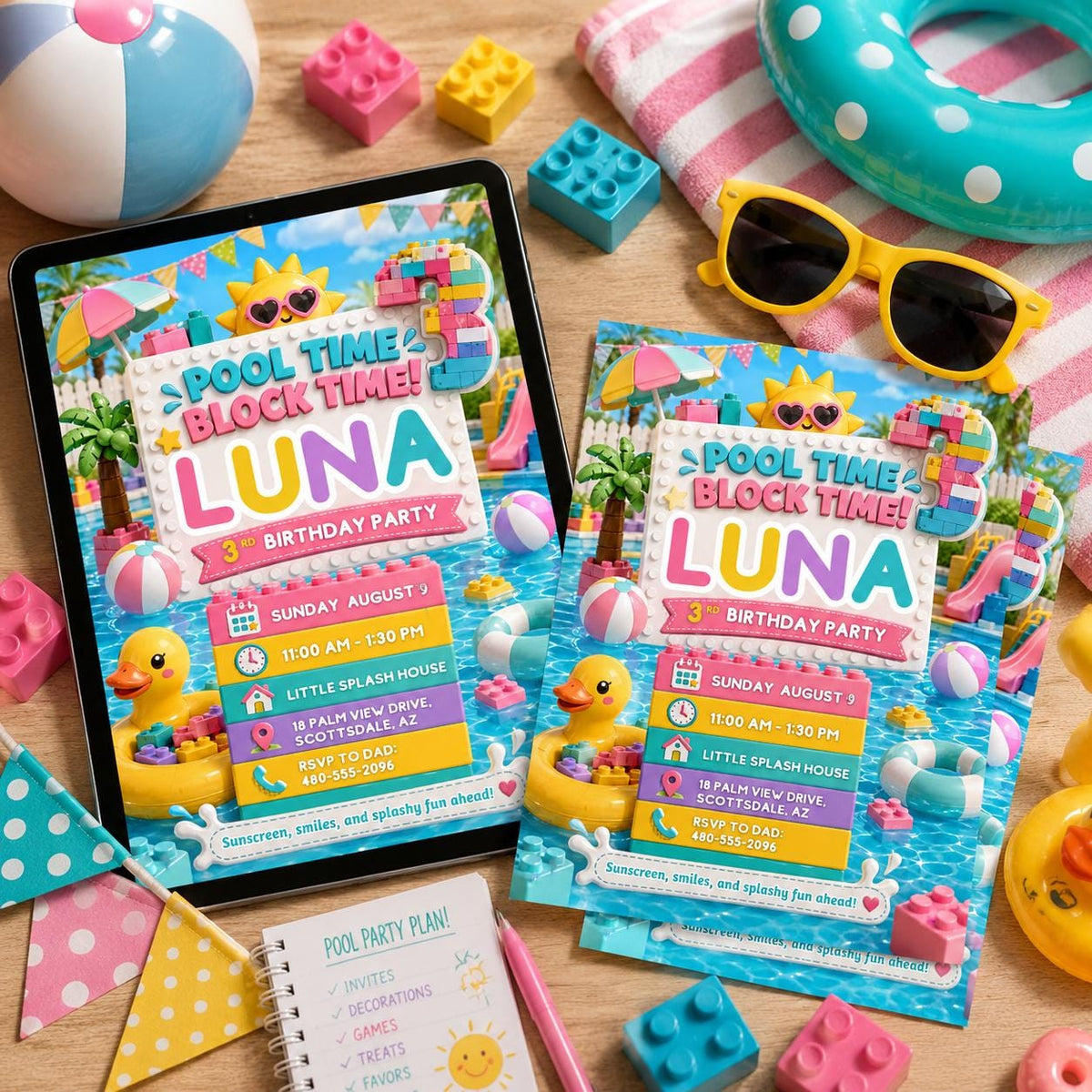 Pastel Pool Time Block Party 3rd Birthday Invitation in pink and blue