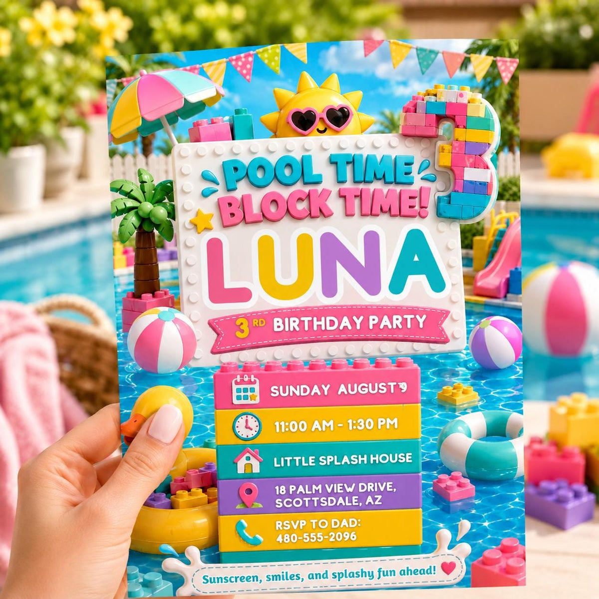 Pastel Pool Time Block Party 3rd Birthday Invitation — editable Canva template for a 3rd birthday party