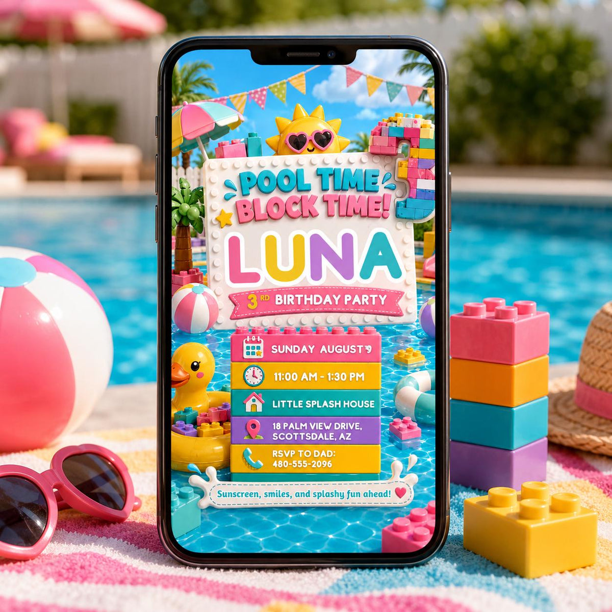 Pastel Pool Time Block Party 3rd Birthday Invitation — printable invitation from VoltBy