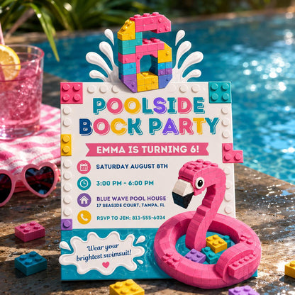 Pastel Poolside Block Party 6th Birthday Invitation for Girls — building blocks and pool design for a 6th birthday party