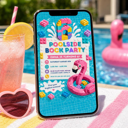Pastel Poolside Block Party 6th Birthday Invitation for Girls in pink
