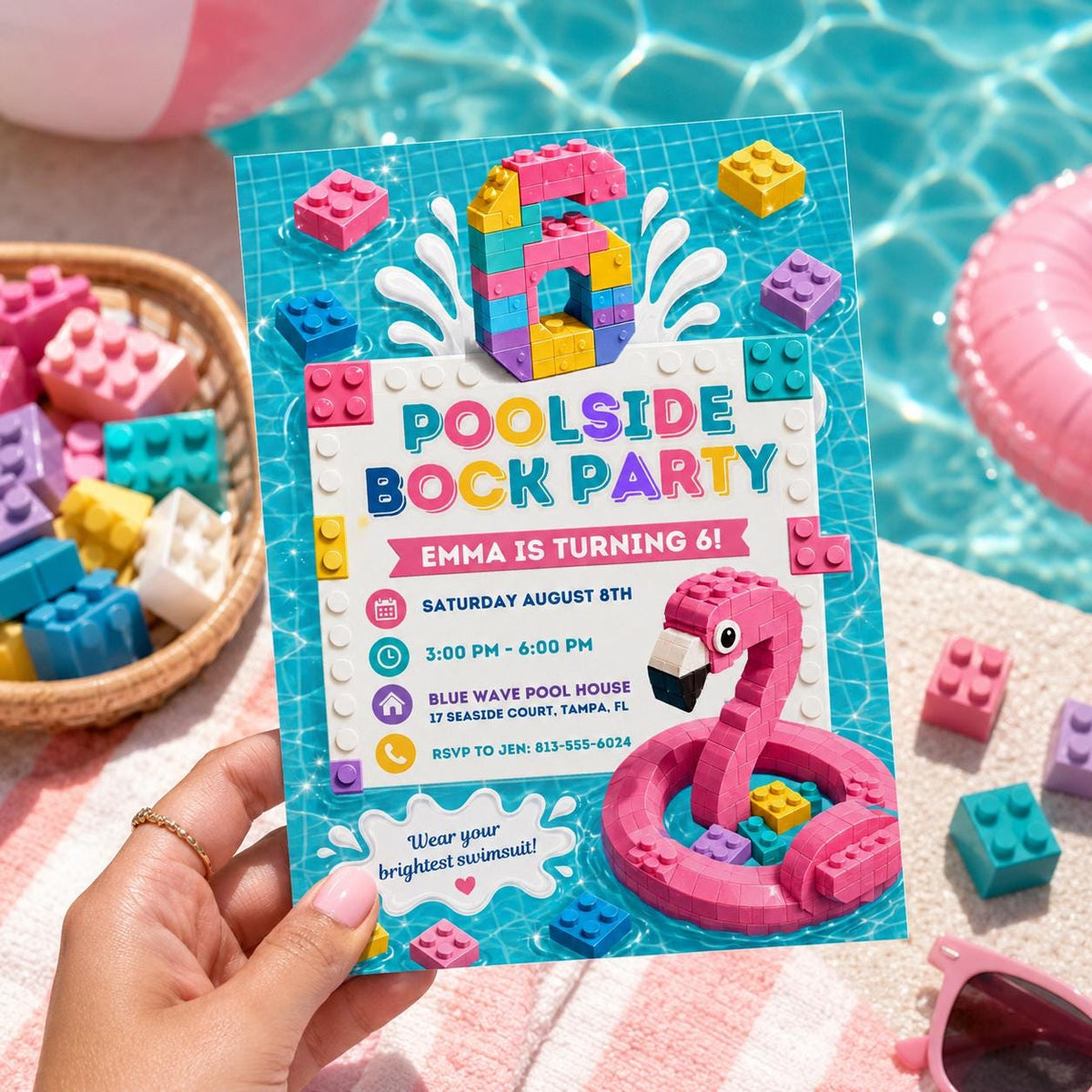 Pastel Poolside Block Party 6th Birthday Invitation for Girls — editable Canva template for a 6th birthday party