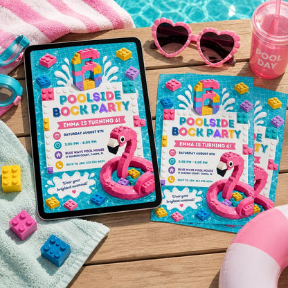 Pastel Poolside Block Party 6th Birthday Invitation for Girls — printable invitation from VoltBy