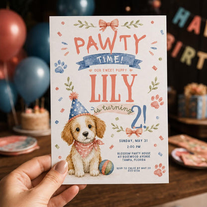 Pastel Puppy 2nd Birthday Invitation — print-ready 2nd birthday party design from VoltBy