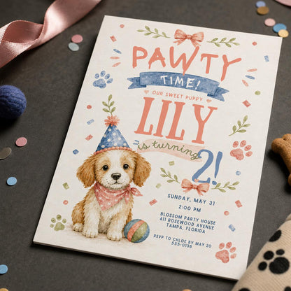 Pastel Puppy 2nd Birthday Invitation — 2nd birthday party stationery by VoltBy