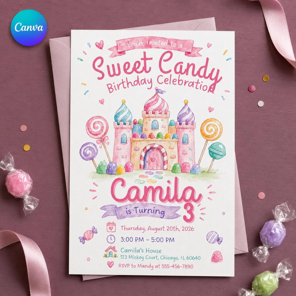 Pastel Sweet Candy Castle Birthday Invitation — editable Canva template