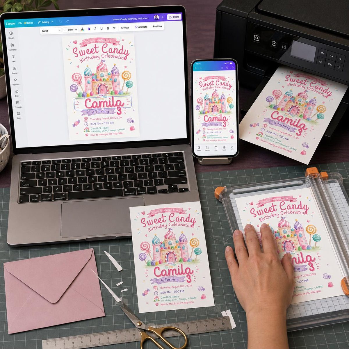 Pastel Sweet Candy Castle Birthday Invitation — print-ready birthday party design from VoltBy
