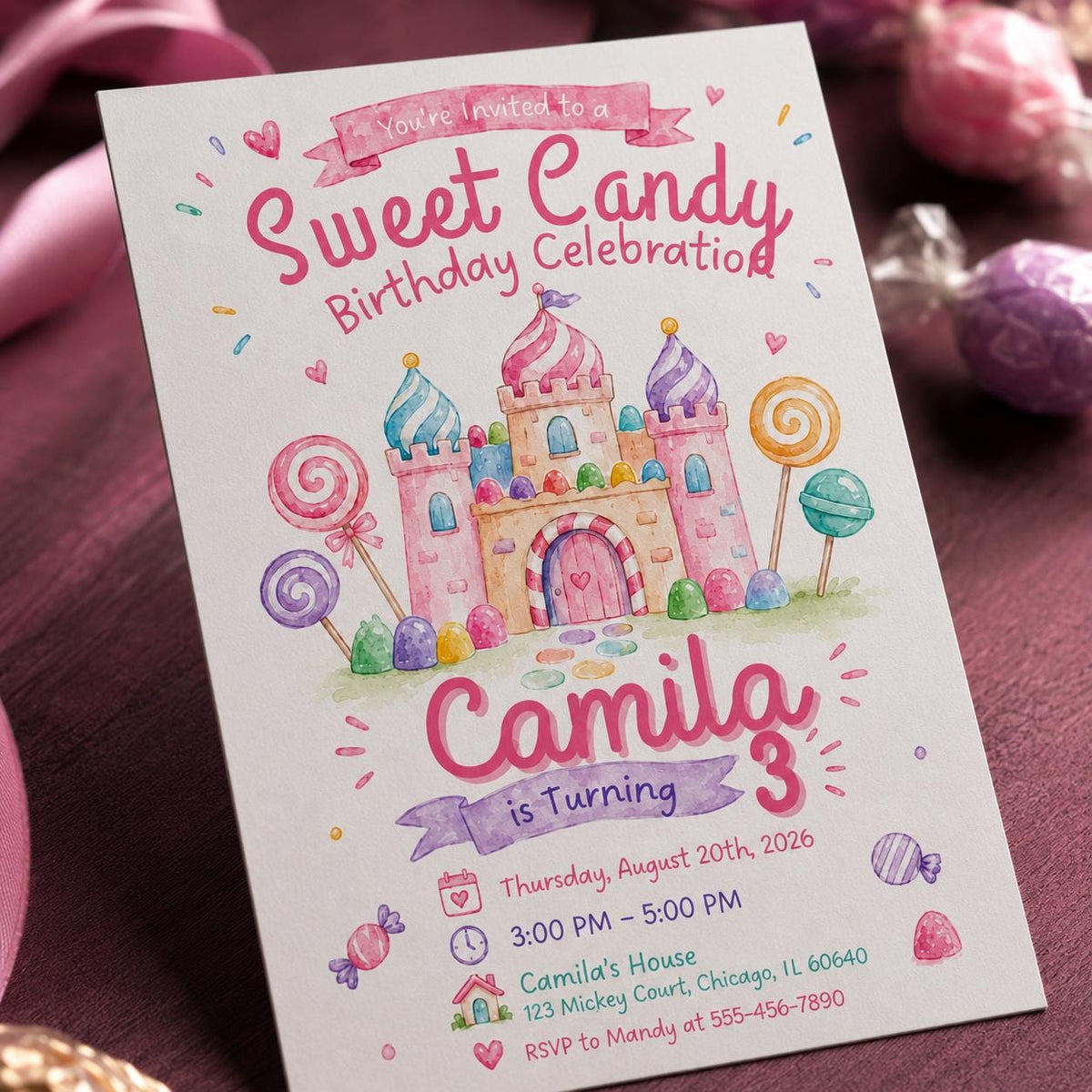 Pastel Sweet Candy Castle Birthday Invitation — digital invitation, instant download