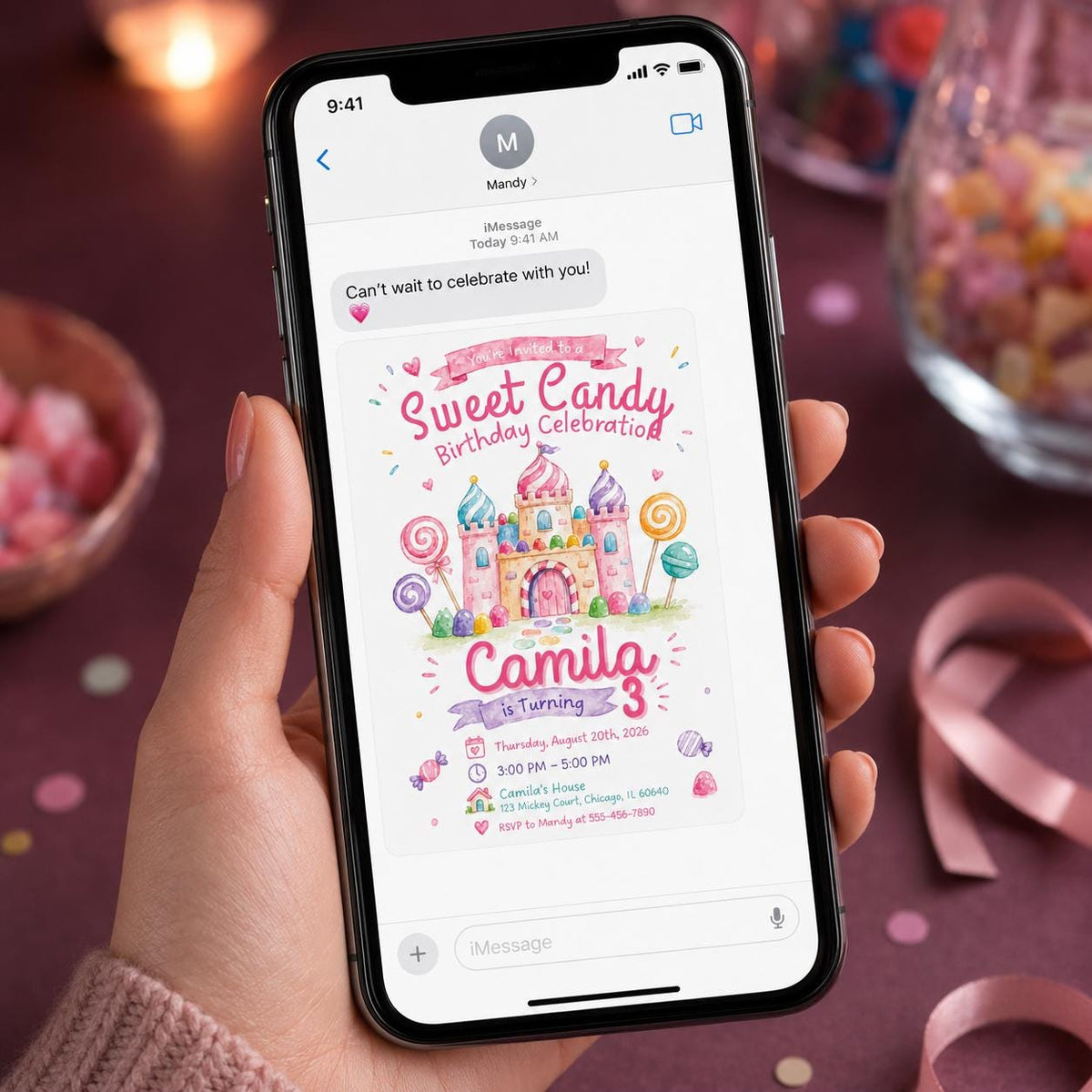 Pastel Sweet Candy Castle Birthday Invitation — birthday party stationery by VoltBy