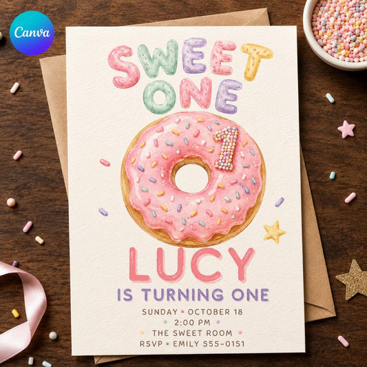 Pastel Sweet One First Birthday Invitation for Girls — editable Canva template