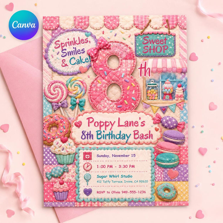 Pastel Sweet Shop 8th Birthday Invitation