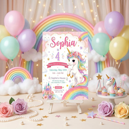 Pastel Unicorn 4th Birthday Invitation with Floral Crown — print-ready 4th birthday party design from VoltBy