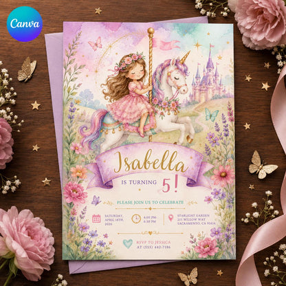 Pastel Unicorn Carousel 5th Birthday Invitation for Girls — editable Canva template