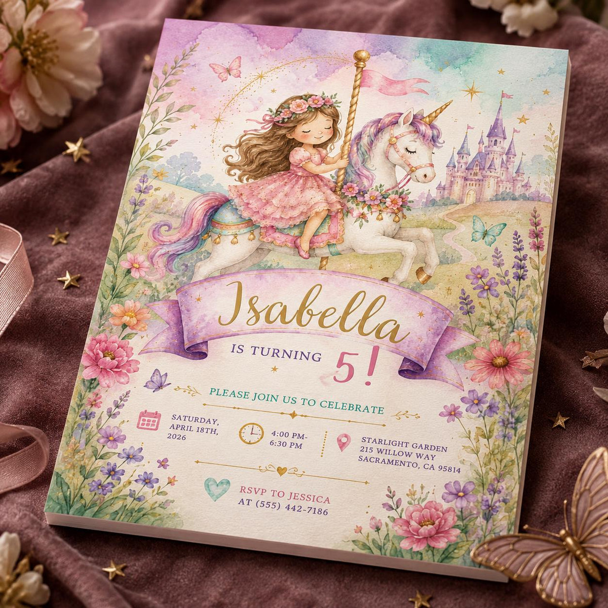 Pastel Unicorn Carousel 5th Birthday Invitation for Girls — horse and princess design