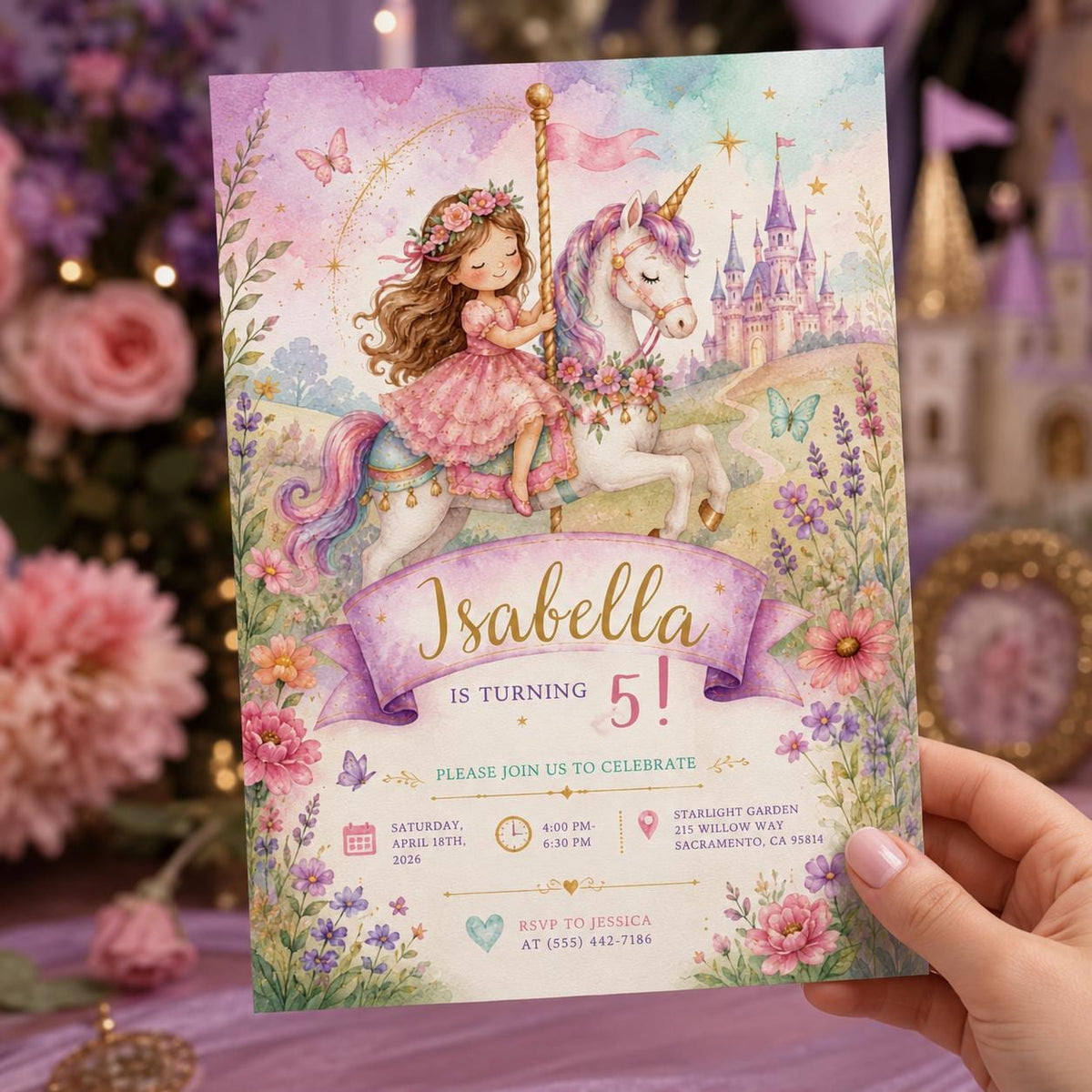 Pastel Unicorn Carousel 5th Birthday Invitation for Girls — invitation you personalize in Canva