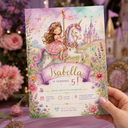 Pastel Unicorn Carousel 5th Birthday Invitation for Girls — invitation you personalize in Canva